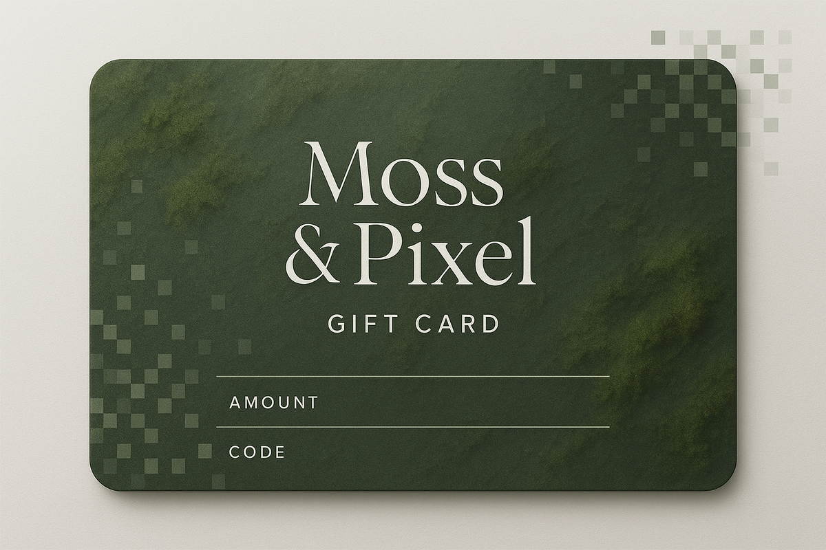 Generate a Gift Card Design for my business Moss and Pixel